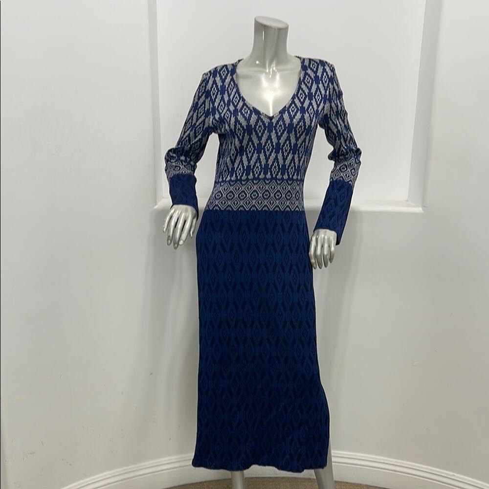 St. John Evening Diamond Jacquard Knit Maxi Dress Navy Blue Silver Long Sleeve 4 - Picture 5 of 14